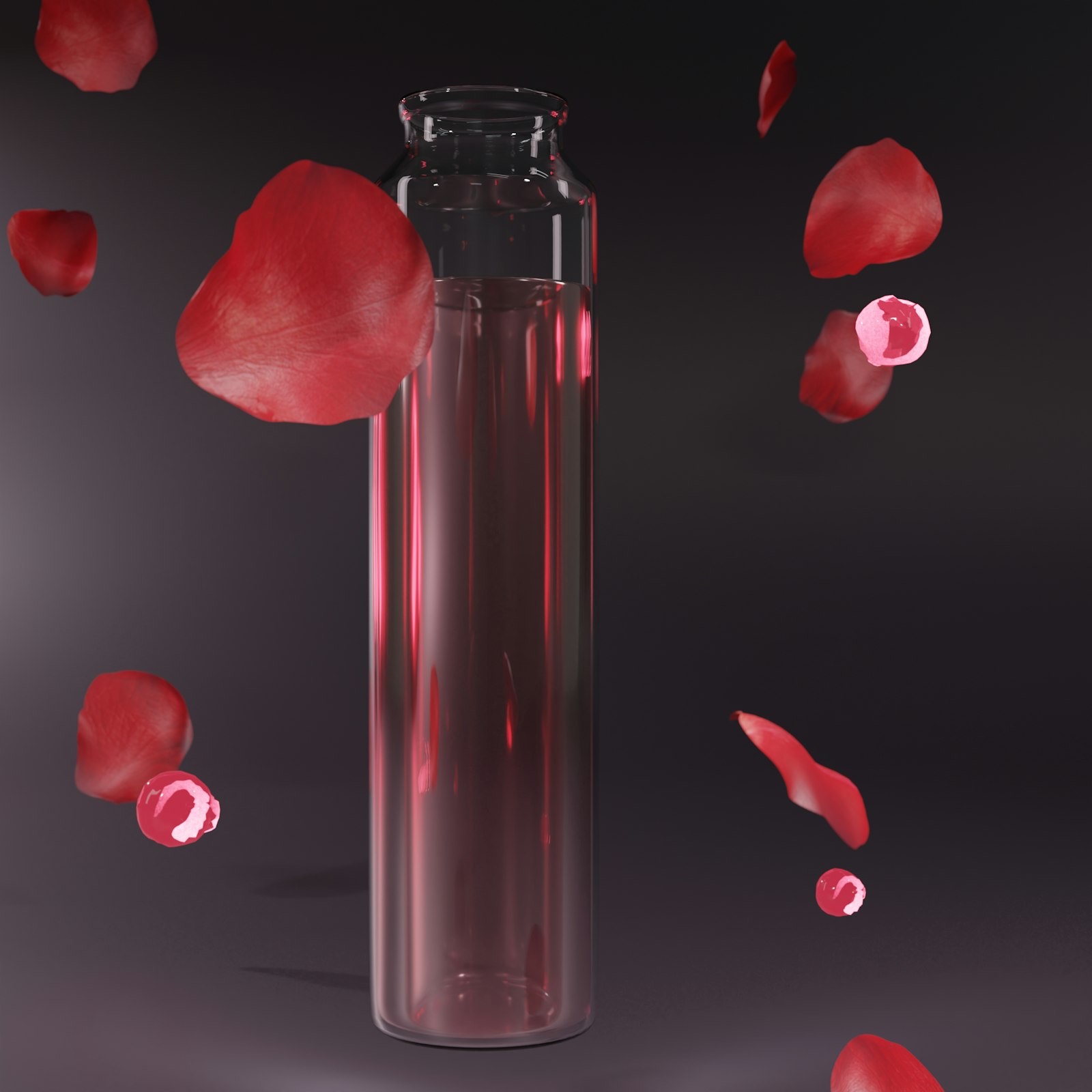 Red liquid in a glass vessel among scattered petals