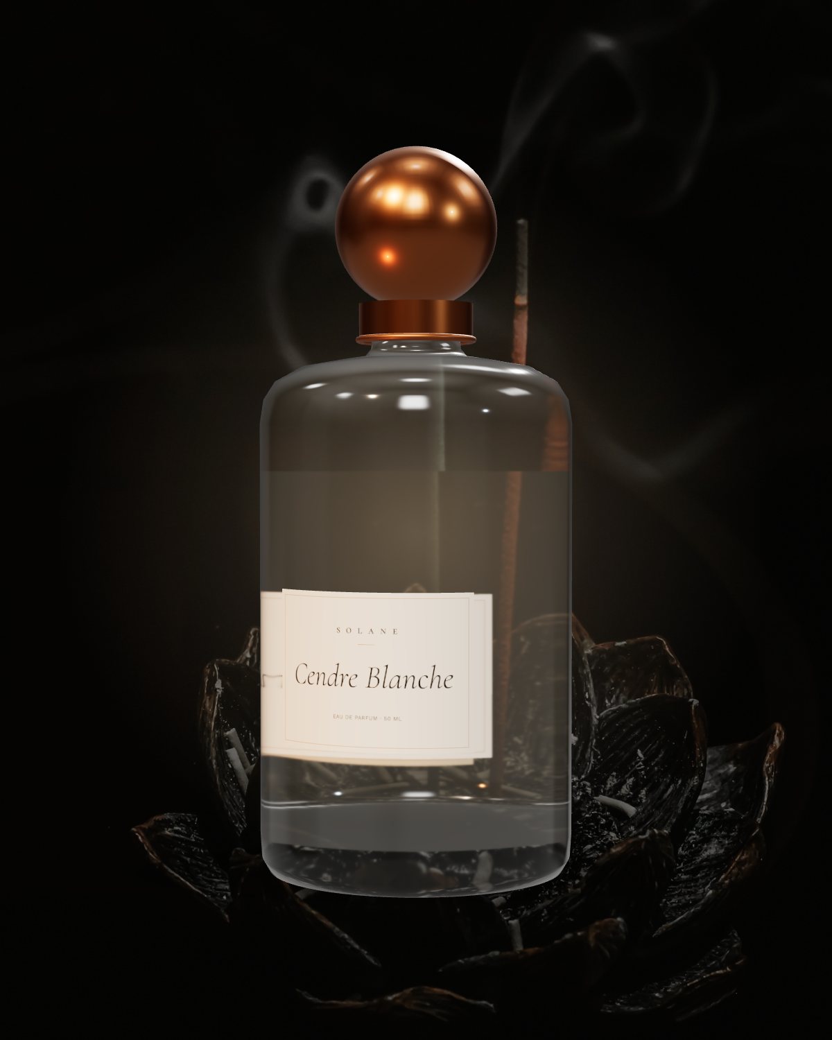 Cendre Blanche, a near-clear perfume beside smoking incense
