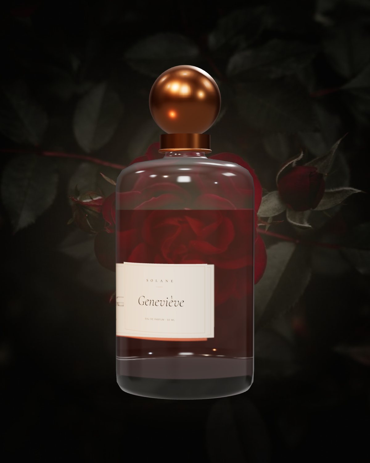 Geneviève, a copper-capped glass bottle of rose-amber perfume in front of dark roses
