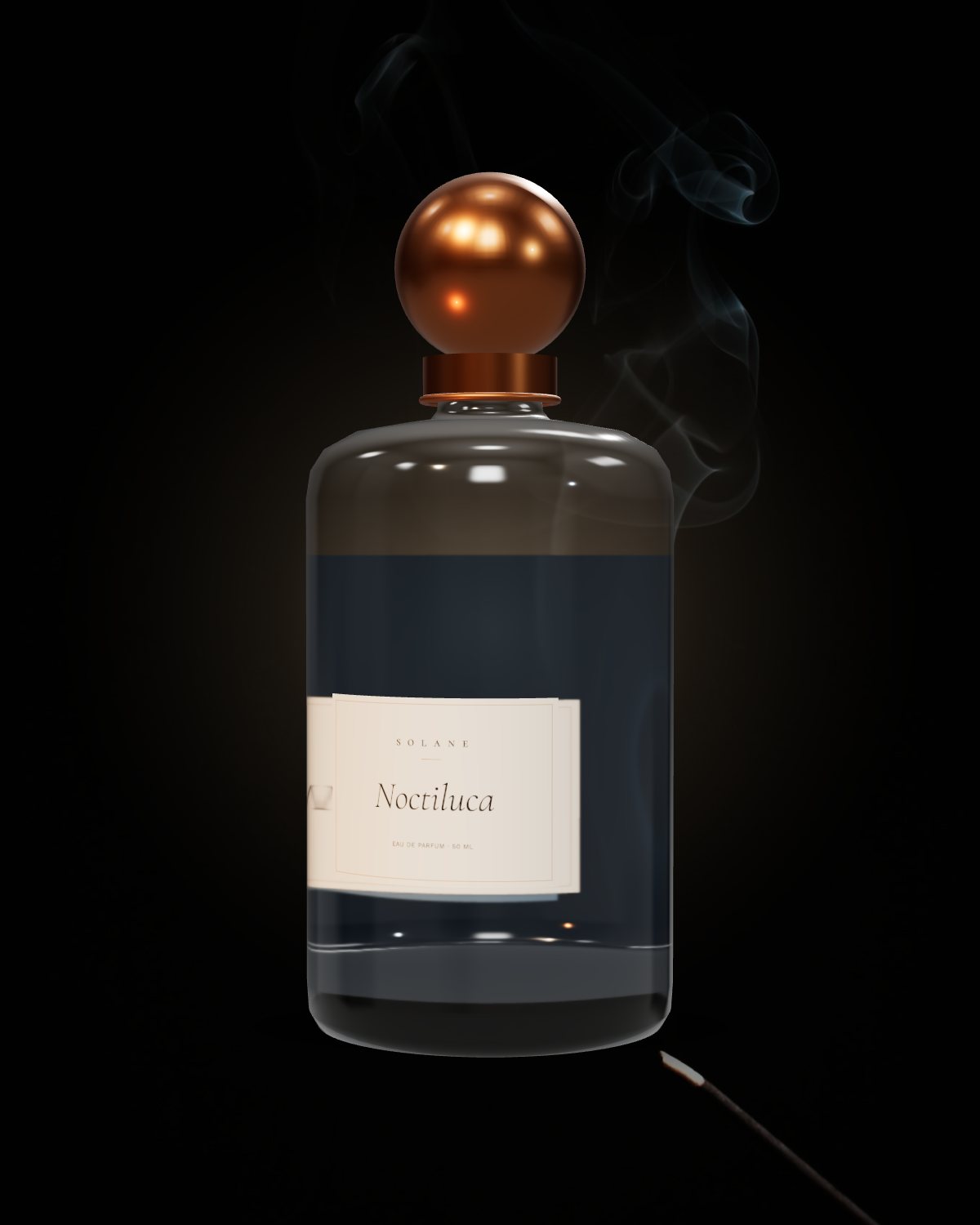 Noctiluca, a bottle of pale blue perfume against curling smoke