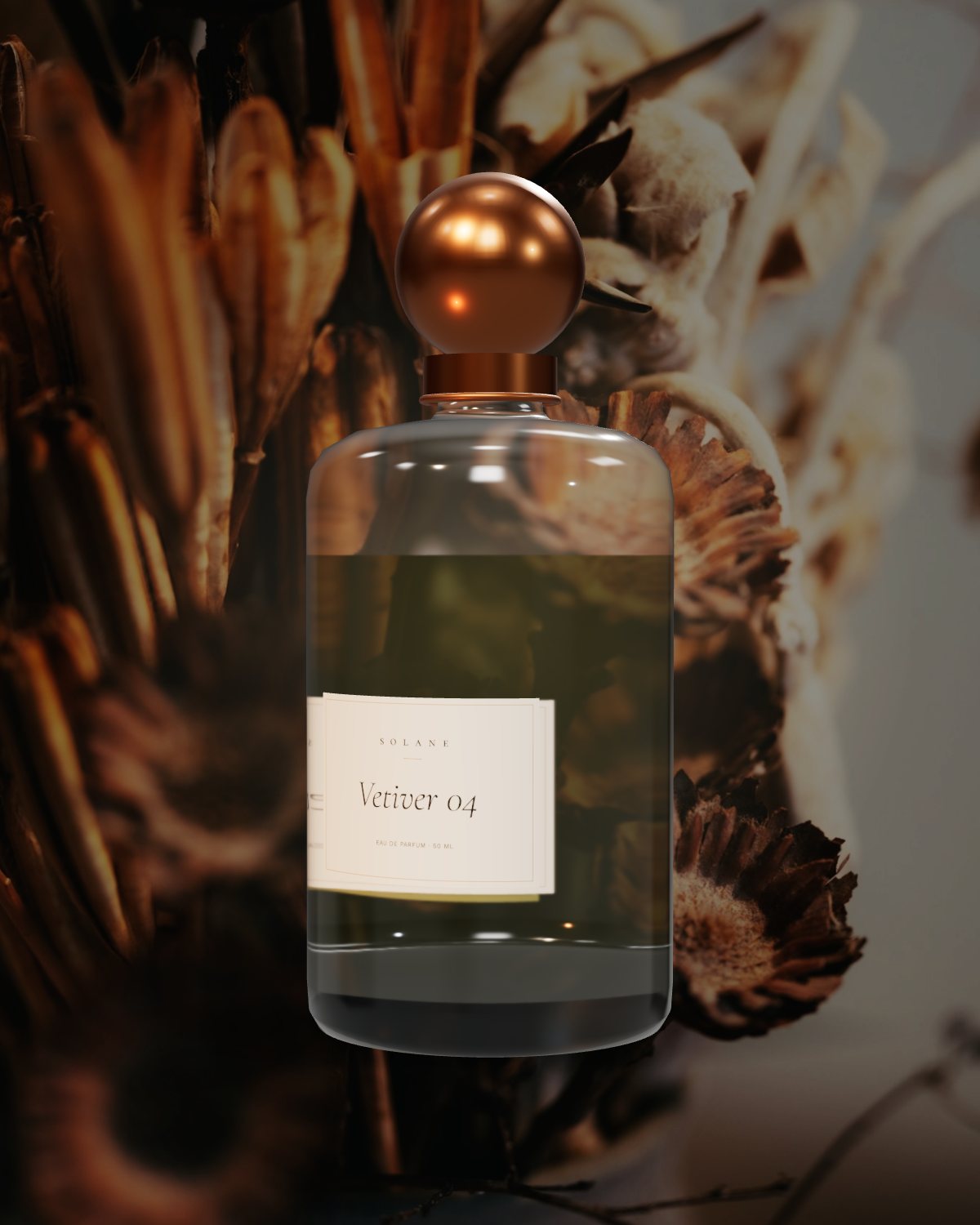 Vetiver 04, an olive-tinted perfume in front of dried flowers